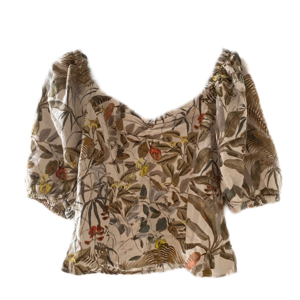 H&M Patterned linen top w, puff sleeve